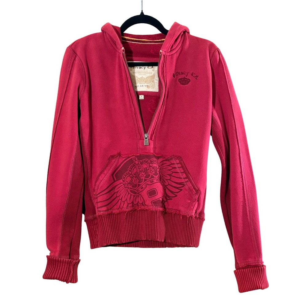 Privacy CA Women Y2K‎ Raspberry Crown Wing Graphic 1/4 Zip Hoodie Sweatshirt SzS